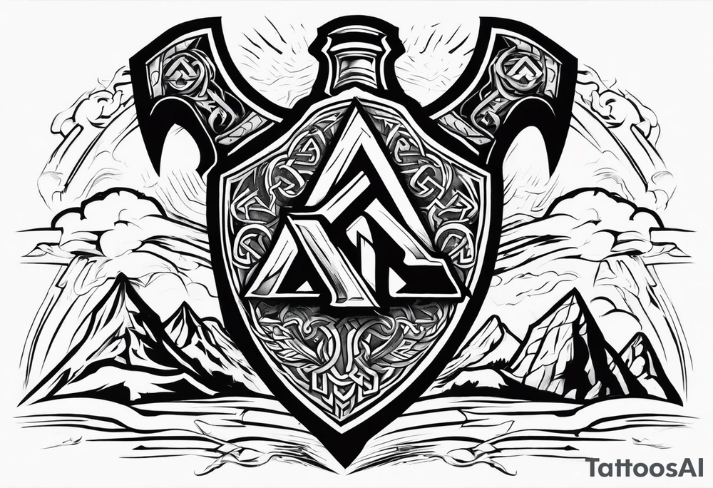 Valhalla fire sword shield axe Valknut ruins lightnings tattoo idea Valhalla fire sword shield axe Valknut ruins lightnings tattoo idea
