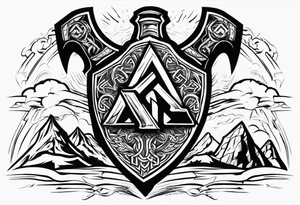 Valhalla fire sword shield axe Valknut ruins lightnings tattoo idea