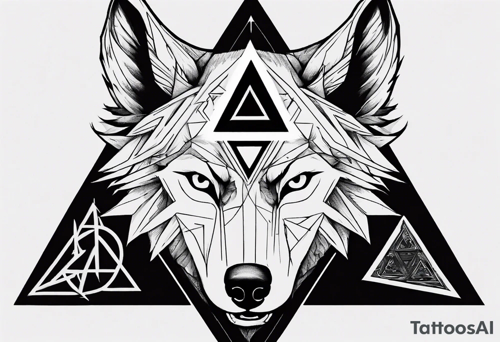 wolf head with triforce on forehead and a triangle in the background tattoo idea