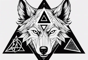 wolf head with triforce on forehead and a triangle in the background tattoo idea