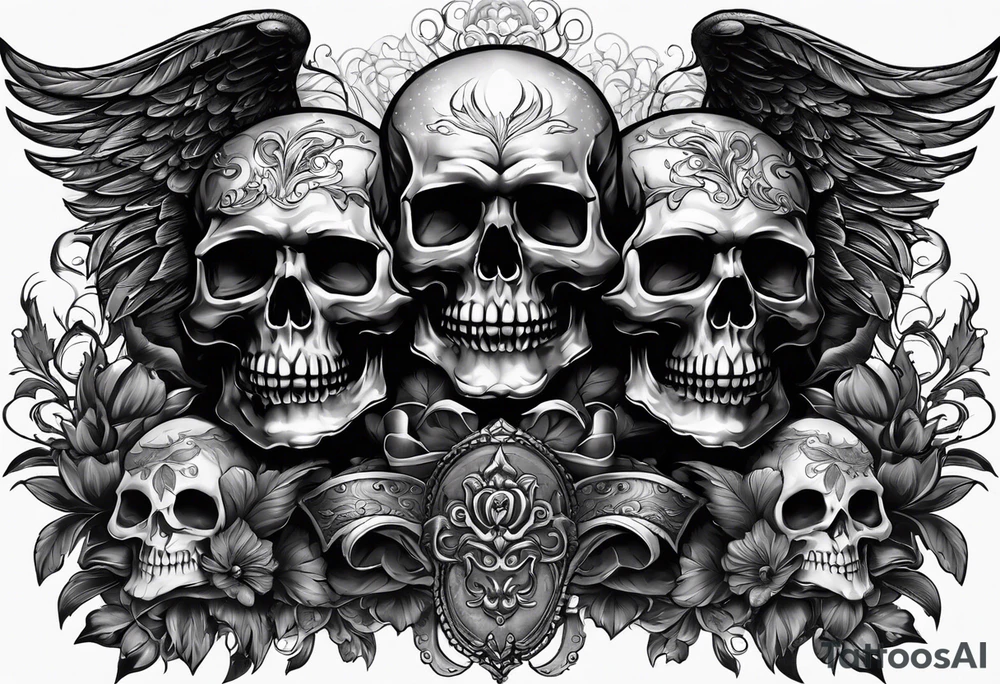 See no evil hear no evil speak no evil  skulls go down the back with angel wings wrapped around the skulls tattoo idea
