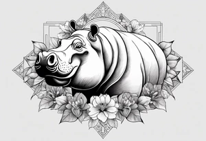 A hippo head with a detailed realistic full moon on upper right corner and wintersweet flower on lower left corner tattoo idea