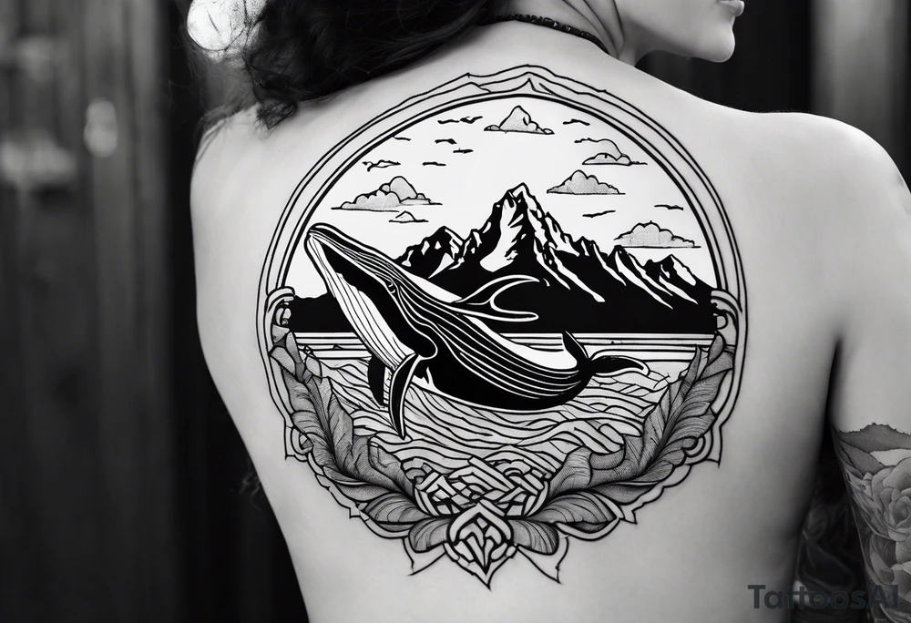 breaching humpback whale with a drawing of the Teton mountains inside of it's tale tattoo idea