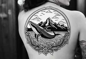 breaching humpback whale with a drawing of the Teton mountains  inside of it's tale tattoo idea