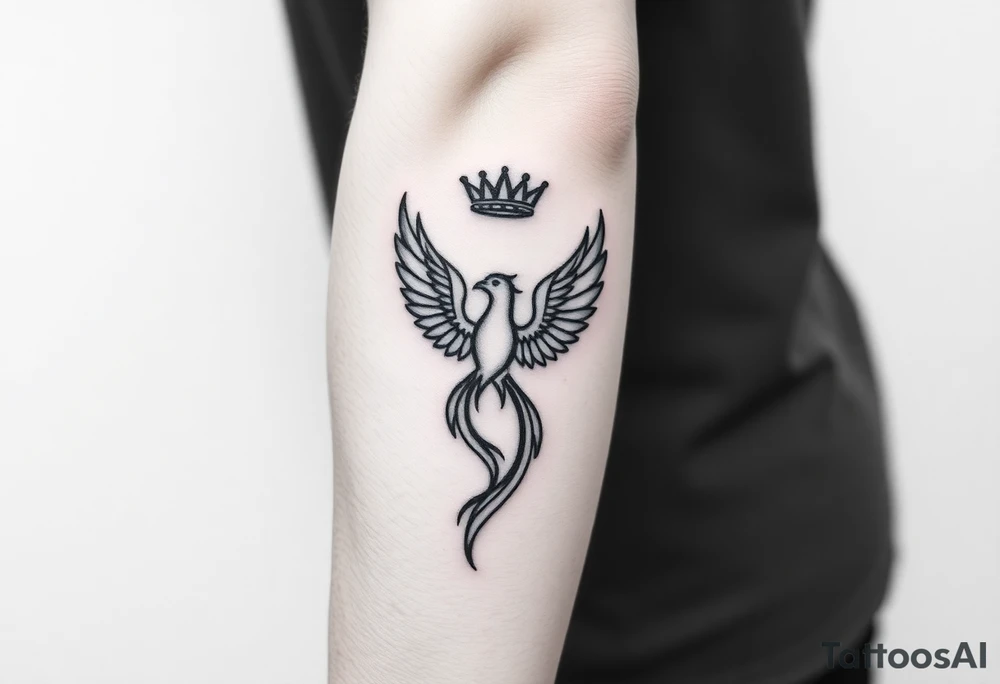 Minimal phoenix and crown fine lines tattoo idea