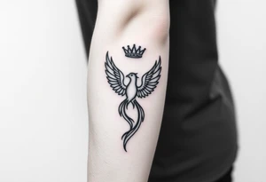 Minimal phoenix and crown fine lines tattoo idea