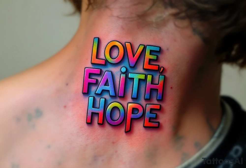 "Love, Faith, Hope" in stacked formation with thin black bars separating each word and soft gradient fills inside. tattoo idea