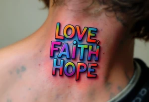 "Love, Faith, Hope" in stacked formation with thin black bars separating each word and soft gradient fills inside. tattoo idea