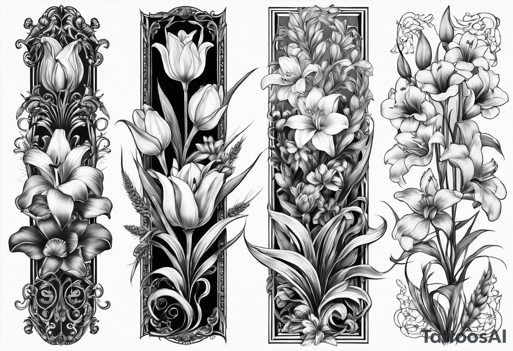 Vertical floral arm sleeve with wheat and dragonflower, snapdragon, and tulips, lilly orchid, Queen-of-the-Night tattoo idea