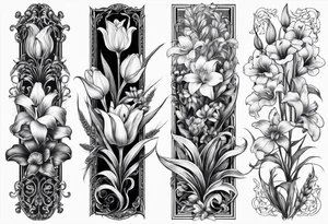 Vertical floral arm sleeve with wheat and dragonflower, snapdragon, and tulips, lilly orchid, Queen-of-the-Night tattoo idea