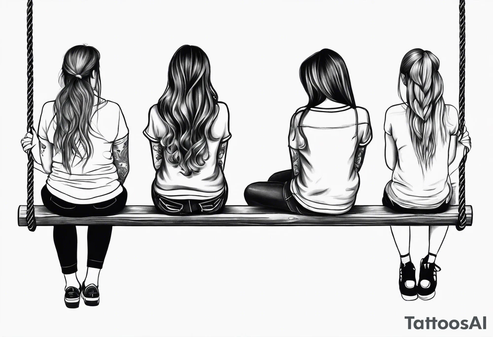 Create a realistic tattoo design of three girls sitting from behind on a swing. The first girl on the left is the oldest and has long hair. The second girl, sitting in the middle, is the middle child and has shorter hair. The third girl, sitting on the right, is the youngest and has two pigtails tattoo idea
