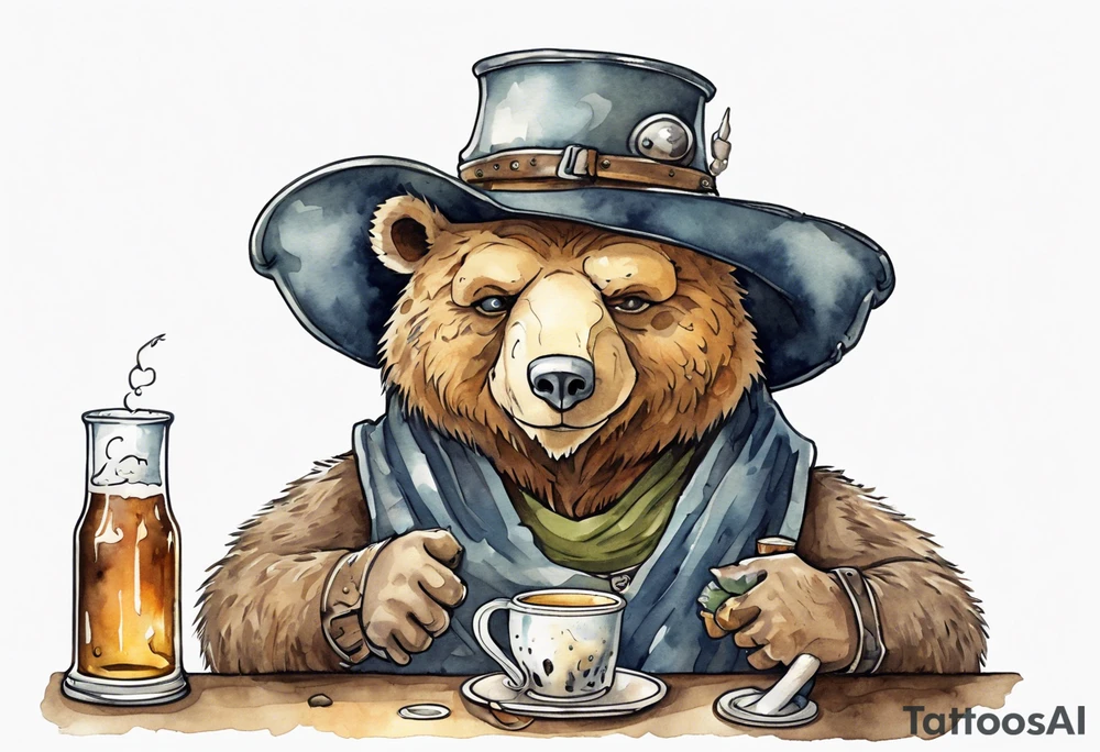a medieval bear-human hybrid wearing a tunic and floppy hat and drinking from a pewter mug of beer in a tavern, smiling tattoo idea