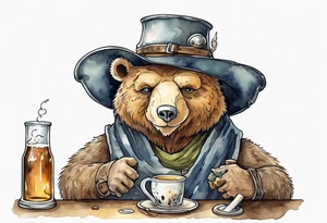 a medieval bear-human hybrid wearing a tunic and floppy hat and drinking from a pewter mug of beer in a tavern, smiling tattoo idea