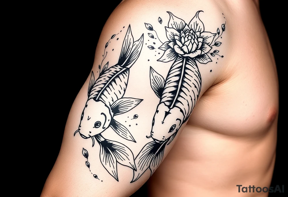 2 koi swimming upstream with tiger lily’s tattoo idea