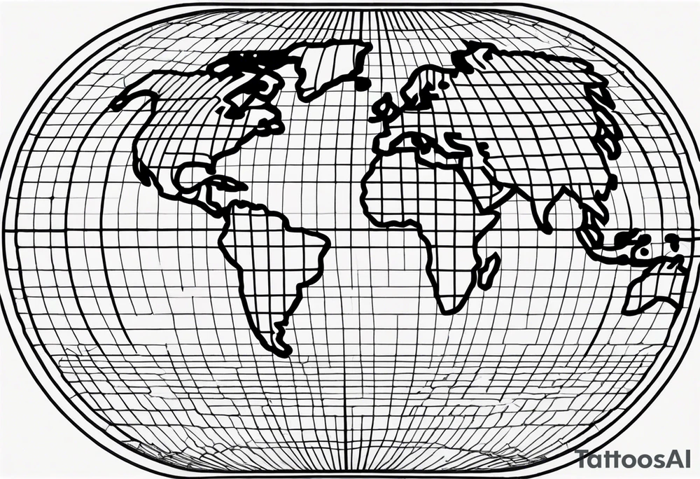 the earth on a flat map with light fading shading placed on a grid with only the lines with accurate depictions of the borders in countries while having it in an oval/circular position on a grid without any borders on the sides tattoo idea
