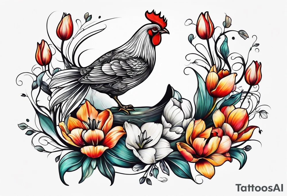 Delicate tulip and tiny chicken tattoo idea
