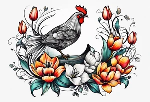 Delicate tulip and tiny chicken tattoo idea