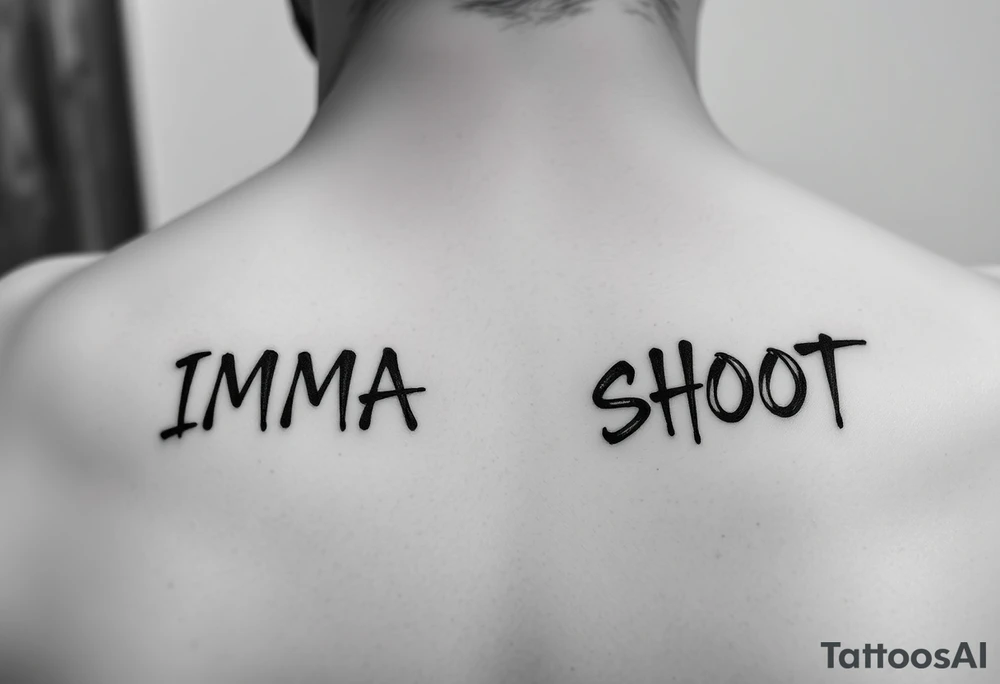 the word ‘IMMA’ and the word ‘SHOOT’ under each collar bone in a font that looks like spray paint tattoo idea