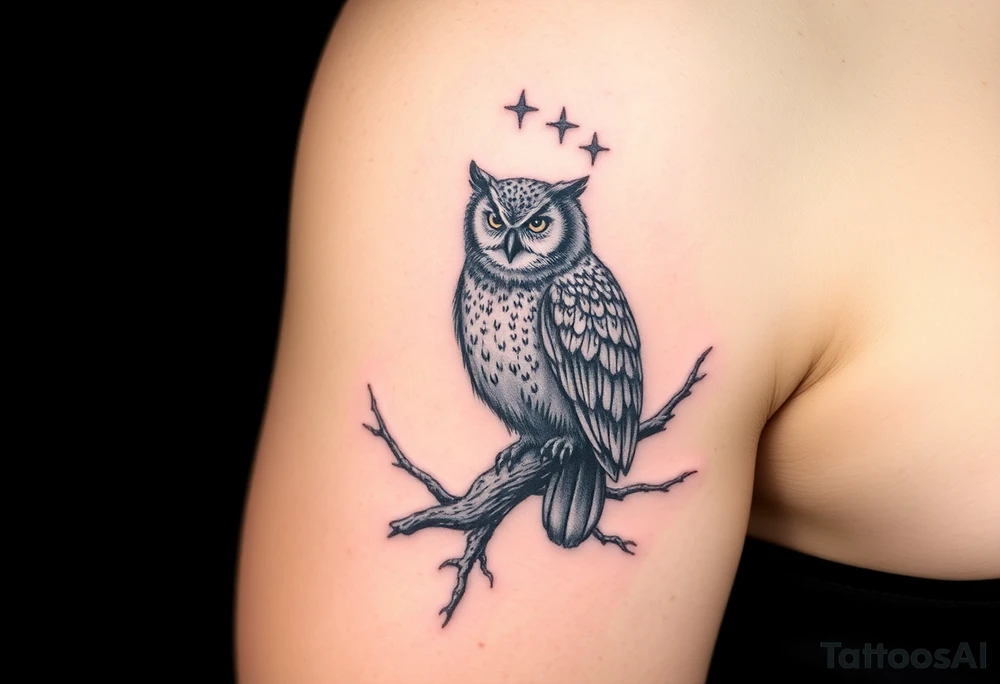 wise owl perched on ancient oak branch under starlit sky tattoo idea