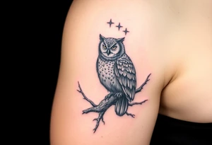 wise owl perched on ancient oak branch under starlit sky tattoo idea