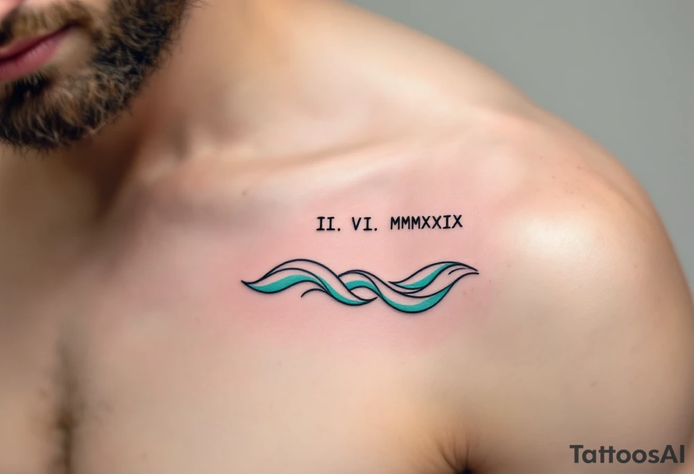 Fine-line II. VI. MMXIX in dark ink on the inner bicep, with stylized waves in desaturated teal flowing beneath. tattoo idea