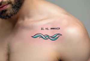 Fine-line II. VI. MMXIX in dark ink on the inner bicep, with stylized waves in desaturated teal flowing beneath. tattoo idea
