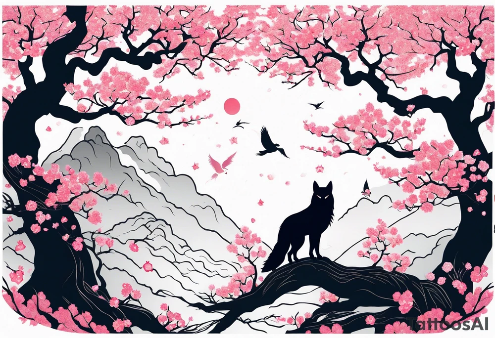 Cherry blossom forest with kitsune silhouette and an owl silhouette tattoo idea