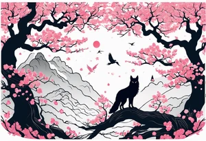 Cherry blossom forest with kitsune silhouette and an owl silhouette tattoo idea