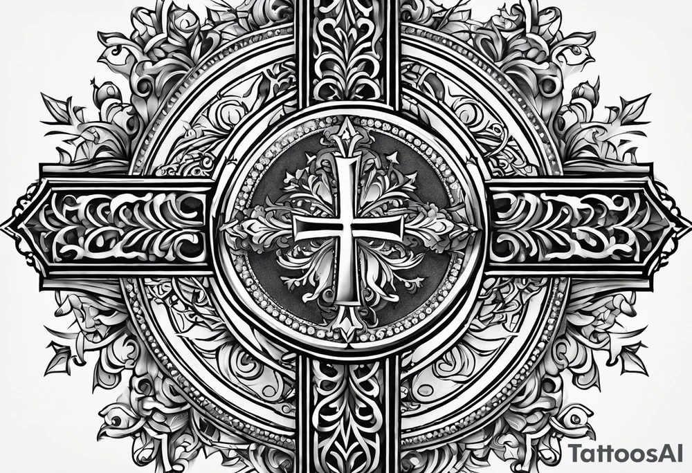 A cross under that is a scroll with my family’s names on it and put some stars around it tattoo idea