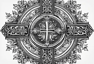 A cross under that is a scroll with my family’s names on it and put some stars around it tattoo idea