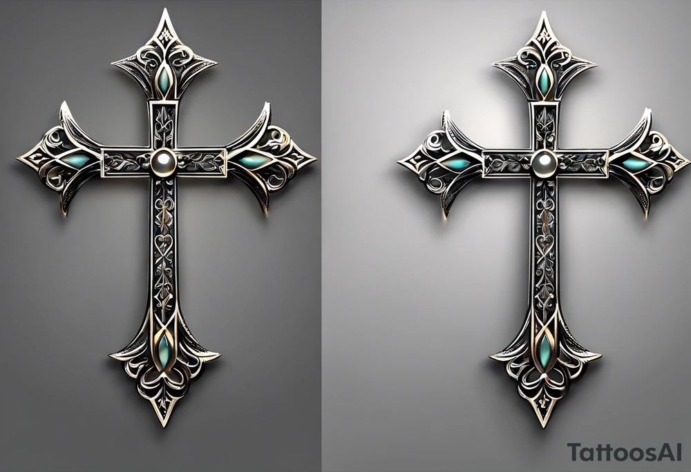 Tattoo: A refined cross with a soft halo on top of it, symbolizing light and spirituality. Delicate rays extend outward from the halo, adding a subtle glow and depth. The cross itself is simple and elegant, with potential for small, intricate line details within the design. tattoo idea