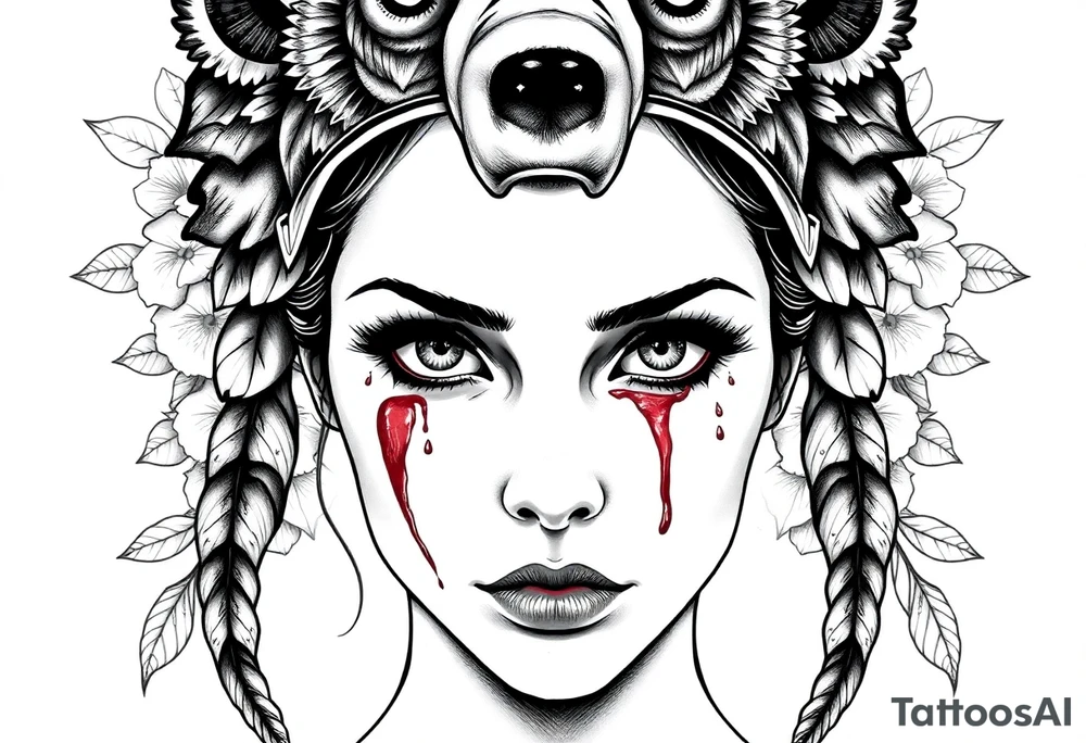 Symmetrical Beautiful Woman, looking forward, with colored eyes, shedding a tear, with battle scars and blood on face, with soft look, wearing a mean looking bear headdress on head, with flower background tattoo idea