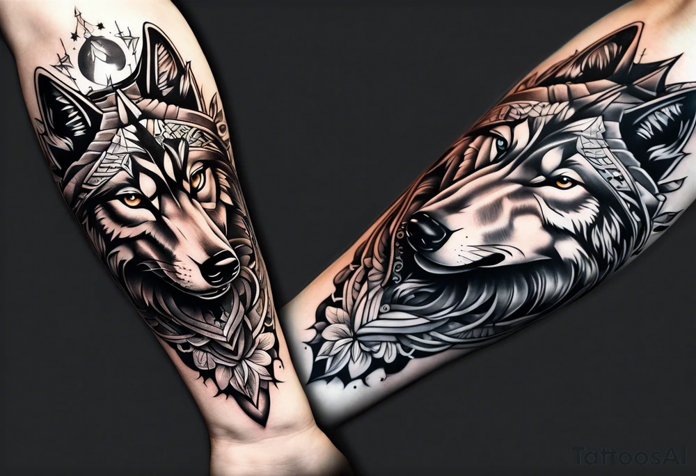 Arm sleeve with wolf heads tattoo idea