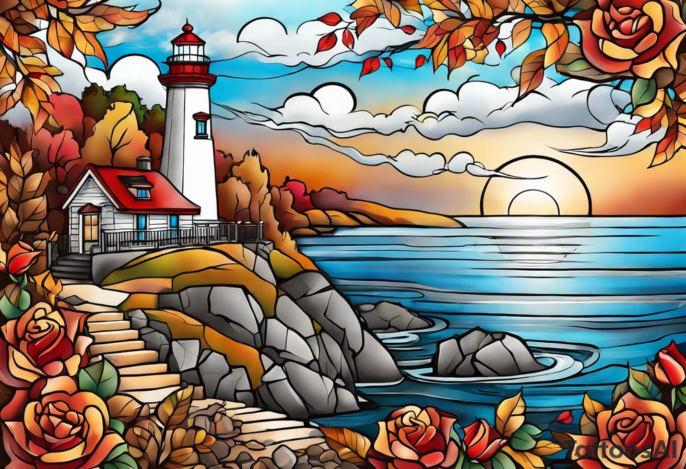 thigh tattoo in fall colors, showing lighthouse, water flow, rocks, sky, clouds, leaves, roses tattoo idea
