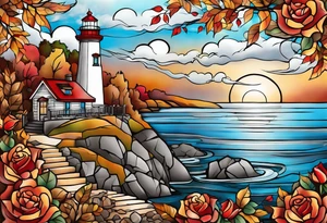 thigh tattoo in fall colors, showing lighthouse, water flow, rocks, sky, clouds, leaves, roses tattoo idea