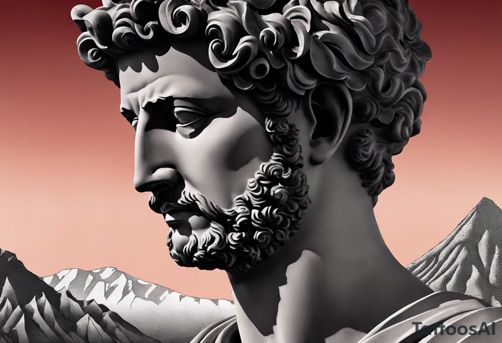 A grey statue of the face of Marcus Aurelius looking toward the observer in a 25 degree angle. The bottom left part of the statue is broken. The Background are mountains in a red hue. tattoo idea