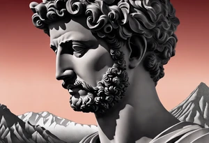 A grey statue of the face of Marcus Aurelius looking toward the observer in a 25 degree angle. The bottom left part of the statue is broken. The Background are mountains in a red hue. tattoo idea