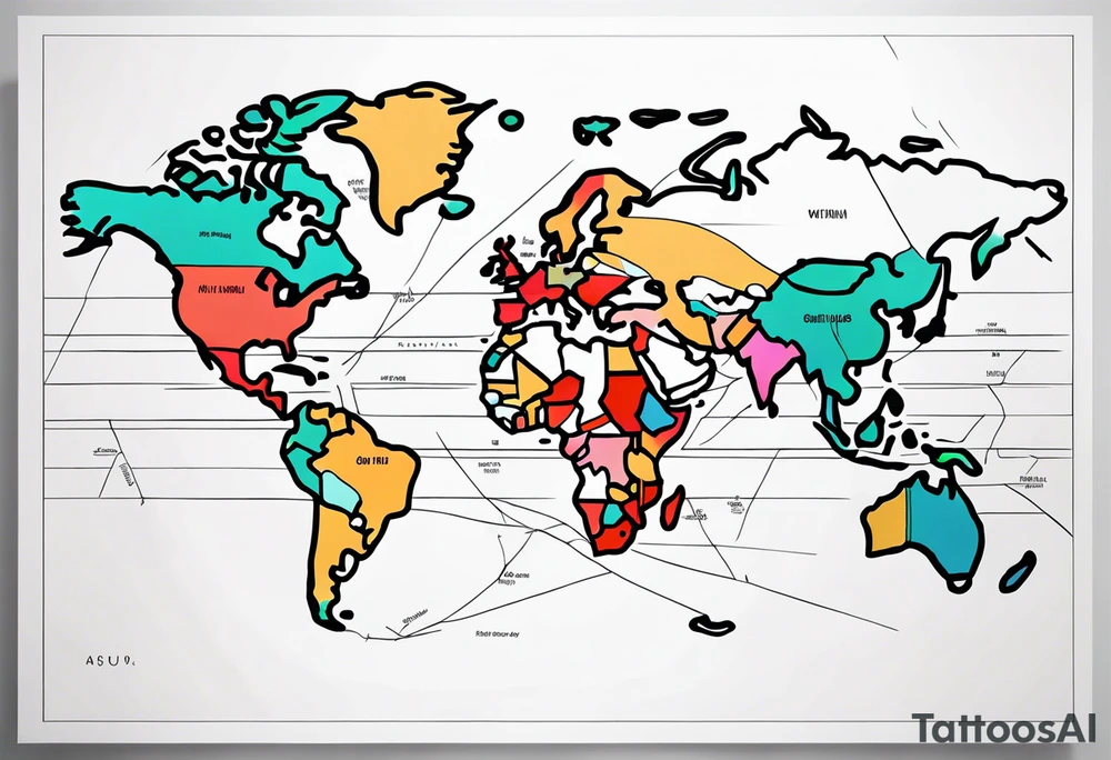 vertical lines with a map of the world tattoo idea
