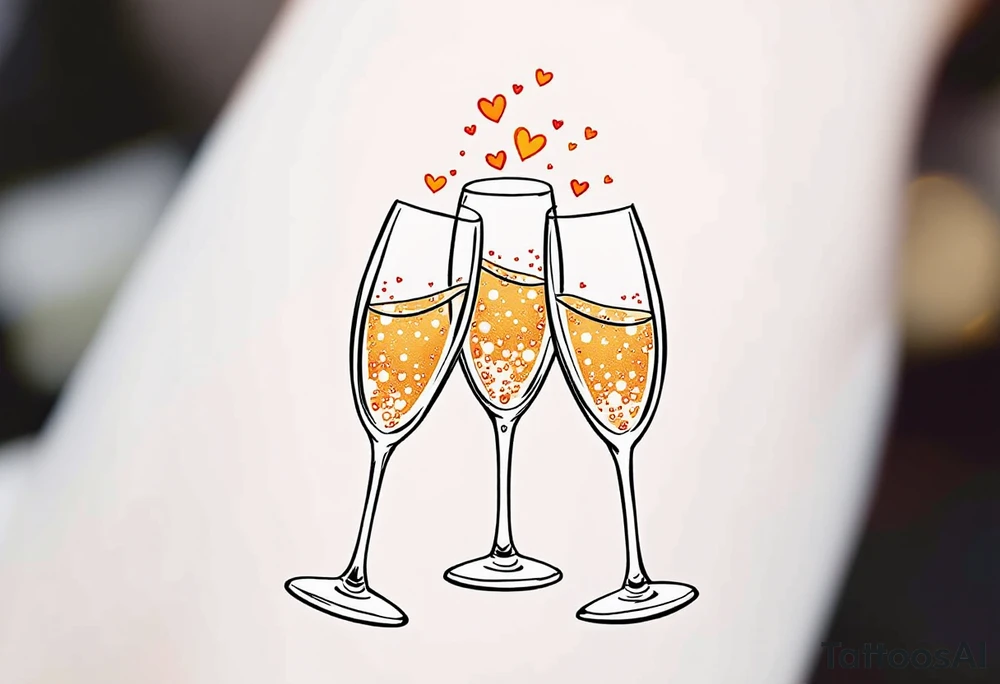 Three bubbly champagne glasses clinking together, filled with golden liquid and sparkling with tiny heart-shaped bubbles. tattoo idea