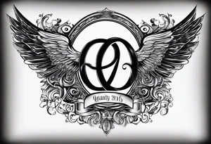 Infinity sign dates January 1, 1959 to February 2, 2016 and angle wings in the background tattoo idea