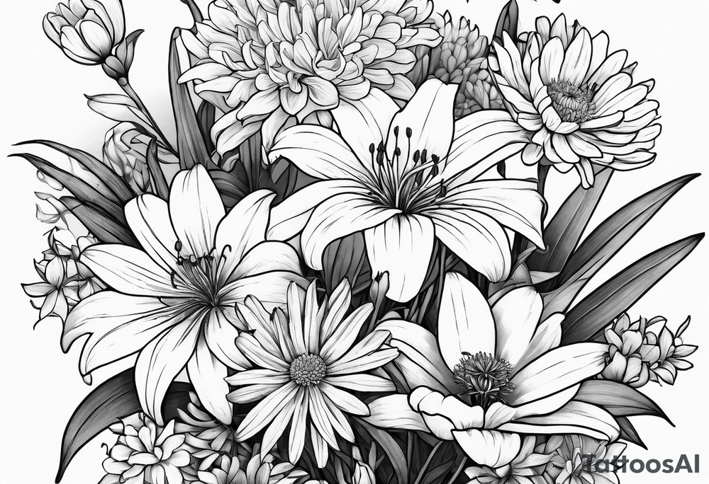 Bouquet of lilies, marigolds, cosmos, and asters tattoo idea