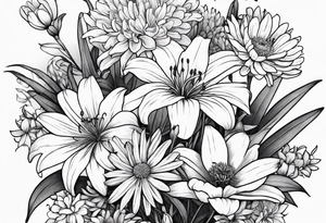 Bouquet of lilies, marigolds, cosmos, and asters tattoo idea