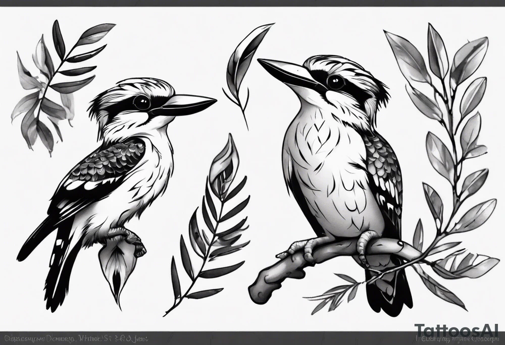 Small kookaburra holding wattle leaves tattoo idea