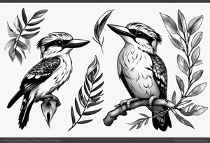 Small kookaburra holding wattle leaves tattoo idea