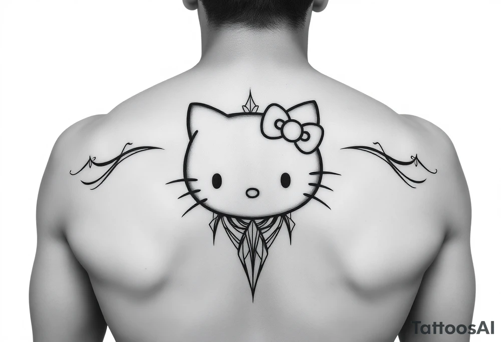 white background, cyber sigilism art / neo primal inspired hello kitty tattoo idea