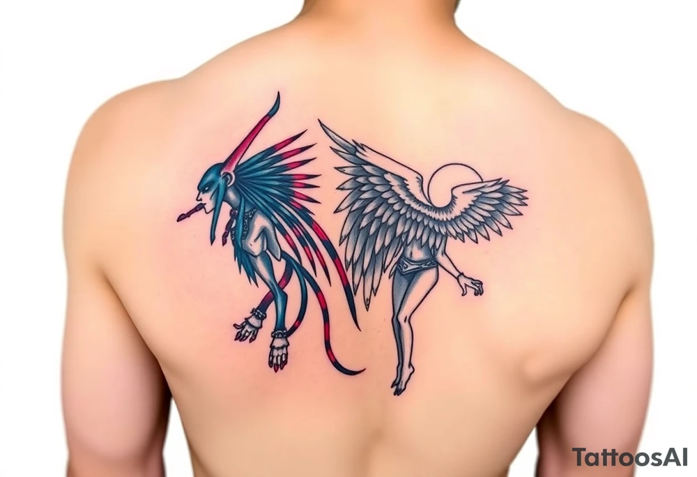 Anubis and a Guardian Angel Back to Back (only red , blue and black are possible colors) tattoo idea