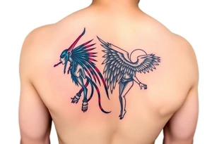 Anubis and a Guardian Angel Back to Back (only red , blue and black are possible colors) tattoo idea