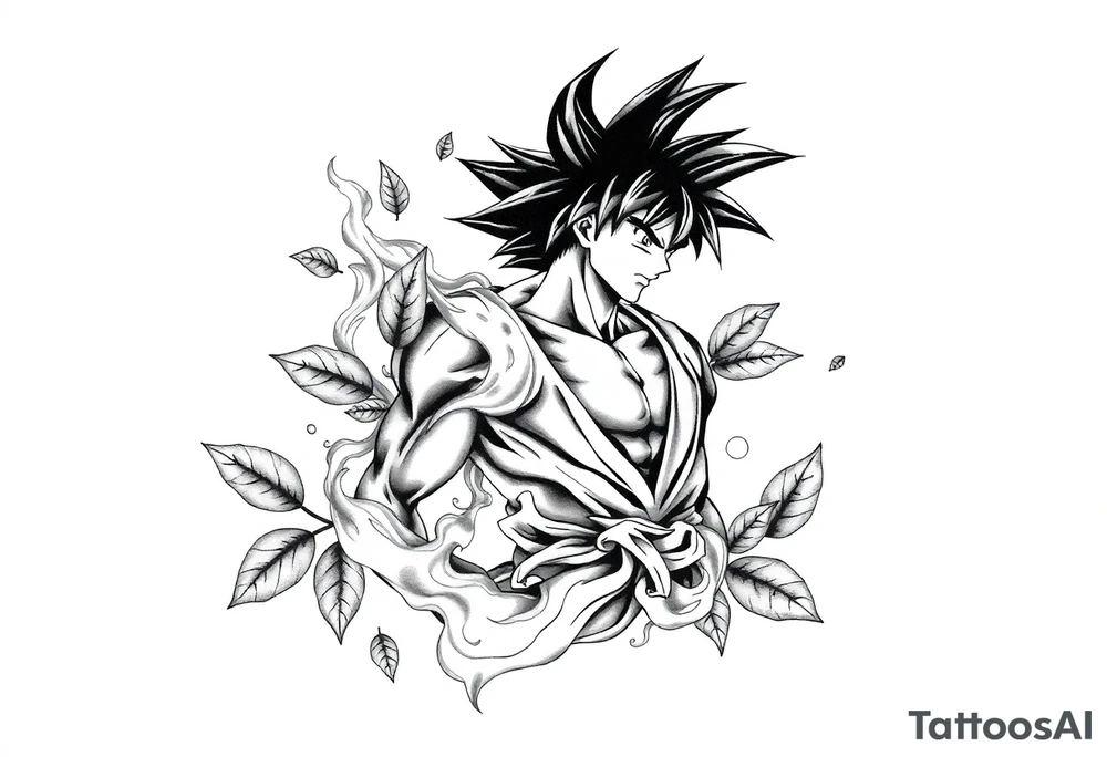 Tattoo design of Son Goku with smoke flowing through his body, surrounded by leaves in negative space effect, featuring soft shading around the edges and dotwork shading inside, with multiple contrast levels throughout. Highly detailed, intricate design with dynamic composition, emphasizing the interaction between the smoke and character, with the negative space leaves creating depth and balance. Professional tattoo art style with clean lines and sophisticated shading techniques. tattoo idea