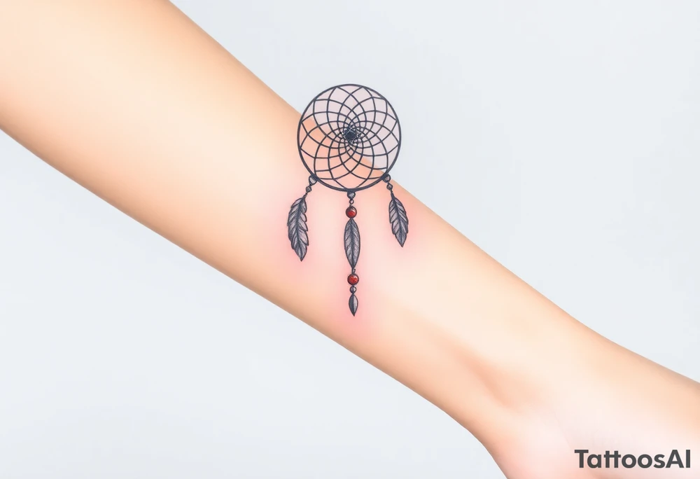 native dreamcatcher with flowing feathers and sacred beads tattoo idea