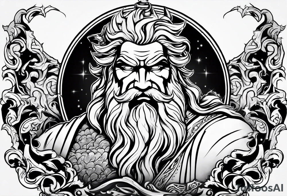 Zeus tattoo with lighting eyes, angry and holding lighting bolts tattoo idea